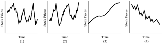 Figure 9-1 ​   Which of the graphs in Figure 9-1 best illustrates the path of a composite of common stock prices over the long term? A) (1)  B) (2)  C) (3)  D) (4) 