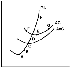 Figure 10-5 ​   Figure 10-5 shows the short-run cost relationships for a perfectly competitive firm. Based on this diagram, which point would not be on the firm's short-run supply curve? A) D B) B C) C D) H