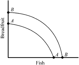 Figure 2-2   Which of the following would most likely cause the production possibilities curve for breadfruit and fish to shift outward from AA to BB in Figure 2-2? A)  a decrease in the labor force of the country B)  a sudden change in consumer preferences for more fish and less breadfruit C)  a major technological advance D)  a decrease in the capital stock