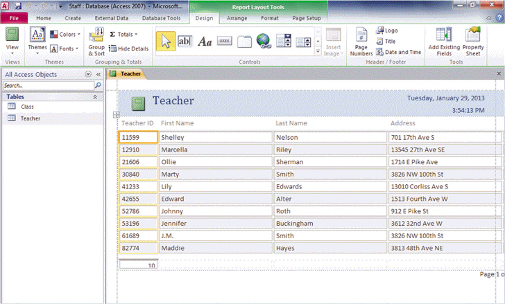 FIGURE AC 5-1   Referring to the figure above, in this report, ____ appear in controls. A)  the Teacher ID label B)  the records shown below the Teacher ID label C)  both a. and b. D)  neither a. nor b.