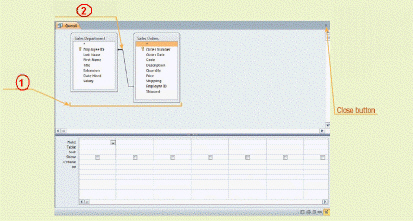 Figure AC 8-1   In Figure AC 8-1 above, item 2 points to ____. A)  multiple tables in a query B)  parameters for the criteria field C)  the results from the query D)  the relationship with Employee ID fields