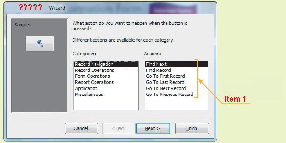 FIGURE AC 9-12   In Figure AC 9-12 above, Item 1 points to ____. A)  Record Navigation options B)  Field Navigation options C)  Tab Navigation options D)  Form Navigation options