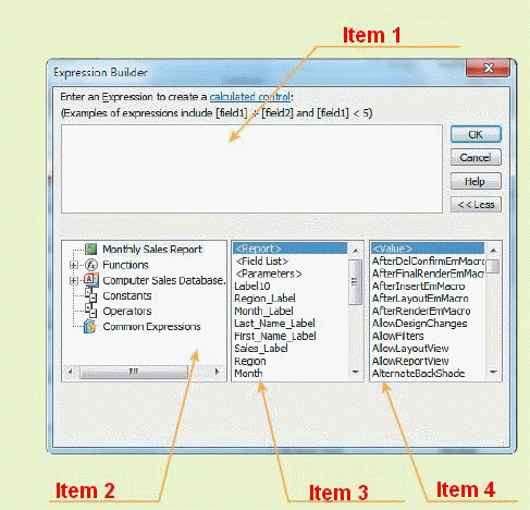 FIGURE AC 10-17   In Figure AC 10-17 above, the expression categories area is referenced by ____. A)  Item 1 B)  Item 2 C)  Item 3 D)  Item 4