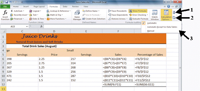 FIGURE EX 4-1   In Figure EX 4-1 above, number 3 is pointing to the ____ menu. A)  Customize Calculations B)  Calculations Options C)  Show Formulas D)  Manual Calculations
