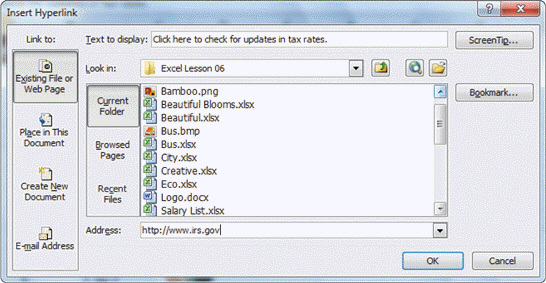 FIGURE EX 6-1   In order to access the Insert Hyperlink dialog box shown in Figure EX 6-1 above, you would ____. A)  Click the cell she wants to use for the hyperlink. On the Insert tab of the Ribbon, in the Links group, click the Hyperlink button. B)  Right-click the cell or object, and then click Hyperlink on the shortcut menu C)  either a. or b. D)  neither a. nor b.