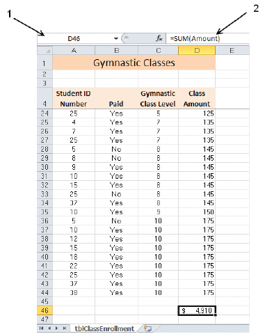 Figure EX 13-1   In Figure EX 13-1 above, item 1 points to the ____. A)  Formula Bar B)  Row Box C)  Legend D)  Name Box