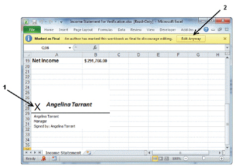 Figure EX 17-1   Item 1 in Figure EX 17-1 above points to the ____. A)  document properties B)  signature line C)  footer line D)  sign checker