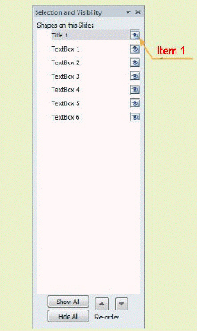 FIGURE PPT 8-9   In Figure PPT 8-9 above, Item 1 points to the ____. A)  eye icon B)  image icon C)  Shape button D)  Visibility button