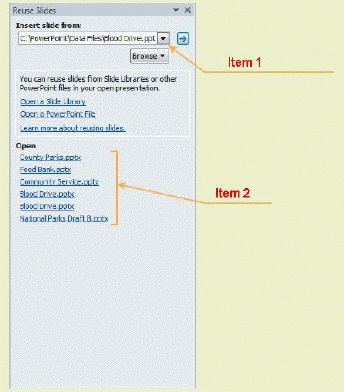 FIGURE PPT 9-1   In Figure PPT 9-1 above, item 2 points to ____. A)  unavailable files B)  recently accessed files C)  all available PowerPoint files D)  all files in the slide library