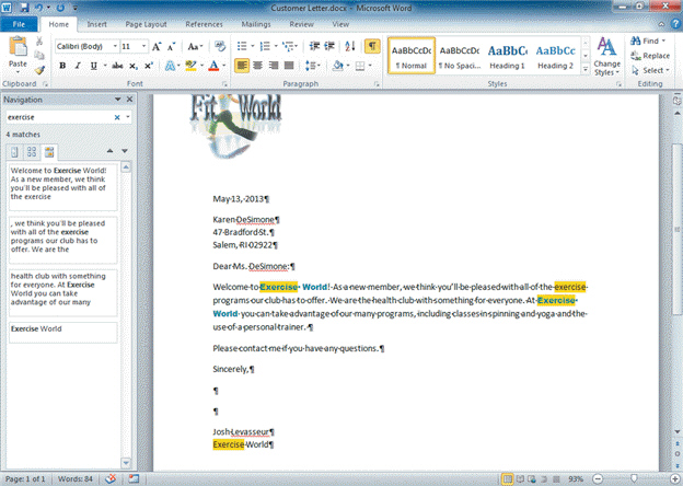 FIGURE WD 2-1   Referring to Figure WD 2-1 above, the word exercise ____. A)  appears in the Search Document box B)  appears in the Navigation Pane C)  both a. and b. D)  neither a. nor b.