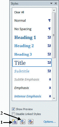 FIGURE WD 10-1   In Figure WD 10-1 above, item 1 points to the ____ button. A)  New Style B)  Style Inspector C)  Manage Styles D)  Apply Options