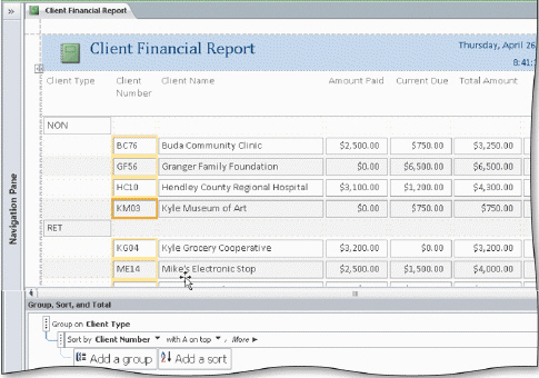   In the accompanying figure, you can click the More button in the Group, Sort, and Total pane to specify additional options. The _____ option allows you to customize the group title. A)  Customize B)  Header C)  Title D)  Label