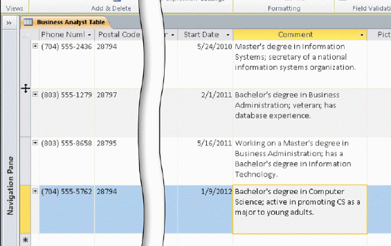 <strong> In the accompanying figure, the Comment field has been resized. To resize a field so that a larger portion of the text will appear, drag the right edge of the _____ to the desired size.</strong> A) field selector B) horizontal scroll bar C) vertical scroll bar D) datasheet