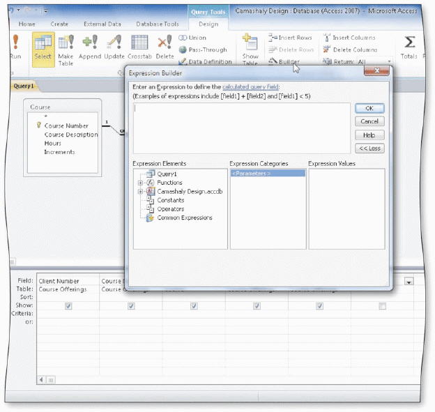   The Expression Builder dialog box displays in the accompanying figure. You also can display the _____ dialog box to type an expression. A)  Builder B)  Zoom C)  Calculation D)  Condition