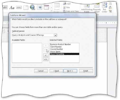   The SubForm Wizard displays in the accompanying figure. To add a subform to a form, you use the _____ tool on the Design tab. A)  Form B)  Subform C)  Bound Object Frame D)  Subform/Subreport