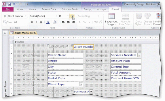     The form in the accompanying figure is open in Design view. To view the form in Form view, click the Form view button on the Status bar.