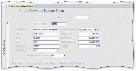     The form in the accompanying figure includes command buttons and a combo box. If a form includes a Delete Record button, clicking the button will delete the record currently on the screen without asking the user to verify the deletion.
