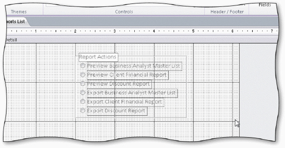     The accompanying figure displays the Report Options group with six option buttons. To attach a macro to the option group, you first must display a property sheet for the group and click the ____________________ property for the option group.