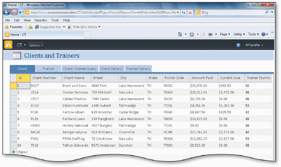     The accompanying figure displays the Clients and Trainers database on the Web. When you create a Web database, you must specify relationships through lookup fields.
