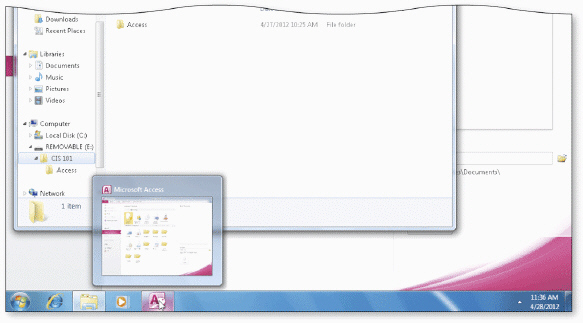     If Windows Aero is active on your computer, Windows displays the kind of window shown in the accompanying figure whenever you move your mouse on a button or click a button on the taskbar.