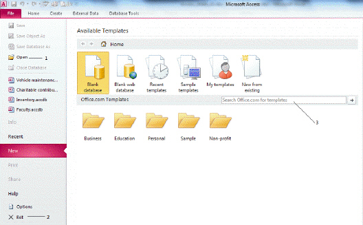  In the figure above, use item number 2 to: A)  Create a database from scratch B)  Open an existing database C)  Search Microsoft online templates D)  Exit Access