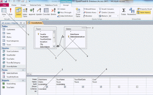   In the figure above, item 4 points to a ____. A)  Field name B)  Primary key fields C)  Design view D)  Tables