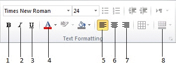   In the figure above, what button is identified as item 1? A)  Bold B)  Italic C)  Underline D)  Bottom Alignment