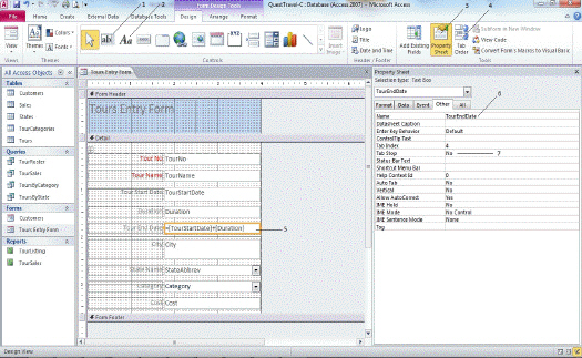   Gretchen Mitchell is a database designer at Quest Specialty Travel. She has created the Tours Entry Form shown above.Item 1 in the figure above refers to a button to create what type of control?