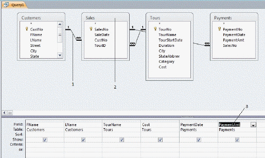   In the figure above, what is the primary key field of the Tours table? A) TourNo B) Customers C) Sales D) Tours