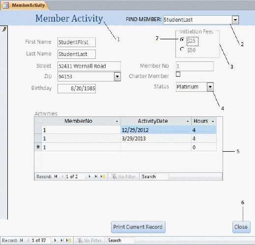   In the figure above, item 4 refers to what type of control? A) Subform B) Option Group C) Combo box D) Command button