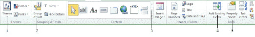   In the figure above, item 3 helps you____. A) add controls to the report that are not currently visible B) set the tab order for the report C) set sorting and grouping fields D) enter expressions for calculations