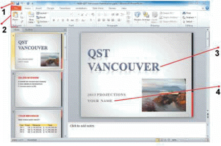   In the accompanying figure, item 1 points to the ____. A) current location B) PowerPoint Ribbon C) PowerPoint title bar D) folders currently available