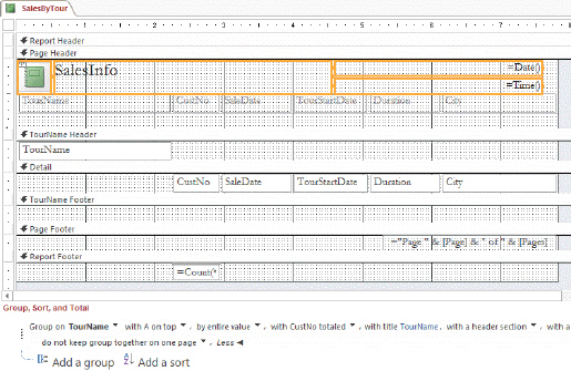   In the accompanying figure, why might the controls in the Report Header section be selected? A)  to create a calculated field B)  to add a subform C)  to add a text box D)  to remove a report layout