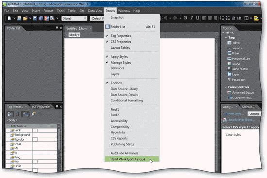  You can click the ____ command, as shown in the accompanying figure, to restore the task panes to their default layout. A)  Reset Workspace Layout B)  Folder List C)  Conditional Formatting D)  CSS Reports