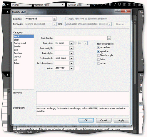   A summary of selected formatting attributes for a style appears in the ____ text box in the Modify Styles dialog box, as shown in the accompanying figure. A)  Description B)  Preview C)  Selector D)  Category