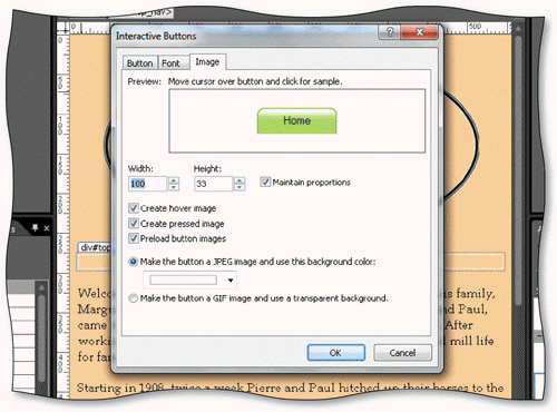   You can change a button s width and height with options in the Image tab in the Interactive Buttons dialog box, as shown in the accompanying figure.