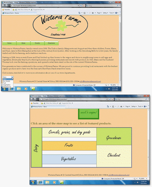  Using the accompanying figures as your guide, list and describe four interactive elements that appear on the Wisteria Farms home page.