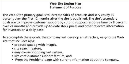   Summarizing a site s goals and objectives into a formal _________________________ for the site can help set the stage for its development, as shown in the accompanying figure.