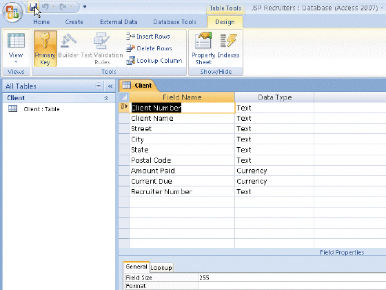   Figure 1-2 In the accompanying figure, you would save the changes to the structure of the table by clicking the Save button on the ____. A) title bar B) status bar C) Quick Access Toolbar D) Home tab
