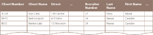   Figure 1-4 In the accompanying figure, recruiter names appear more than once in the table. Storing this data on multiple records is an example of redundancy which can cause several problems. What are these problems? What is the solution to the problem?