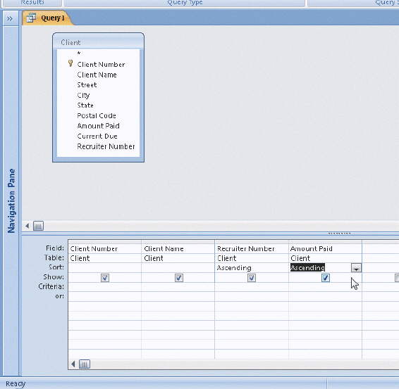   Figure 2-1 In the accompanying figure, you can find all clients whose names begin with Be, by entering _____ in the Criteria row of the Client Name field. A) Be? B) Be.. C) Be& D) Be*