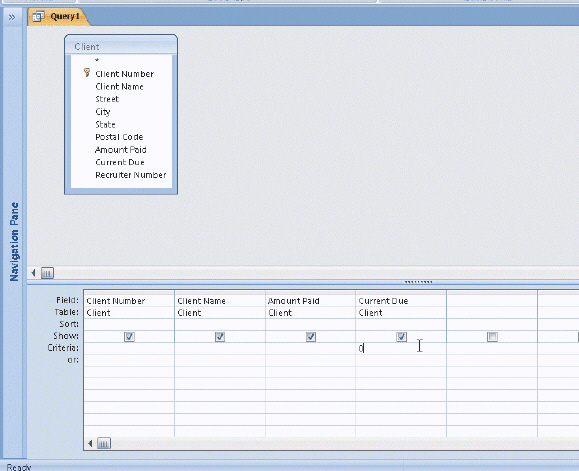   Figure 2-2 In the accompanying figure, the criterion for Current Due is 0. To find all clients whose current due amount is greater than $10,000.00, erase the 0 and enter _____ in the Criteria row of the Current Due column. A) > 10000 B) > $10000 C) > 10,000 D) > $10,000