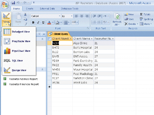   Figure 2-4 The View button menu appears in the accompanying figure. To change the design of a query, click the ____________________ button on the menu.