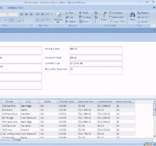   Figure 3-2 To use Filter By Selection to find all clients located in Berridge, click the City field for any record where the city is Berridge and then click the ____ button on the Home tab shown in the accompanying figure. A) Selection B) Filter By Selection C) Find D) Replace