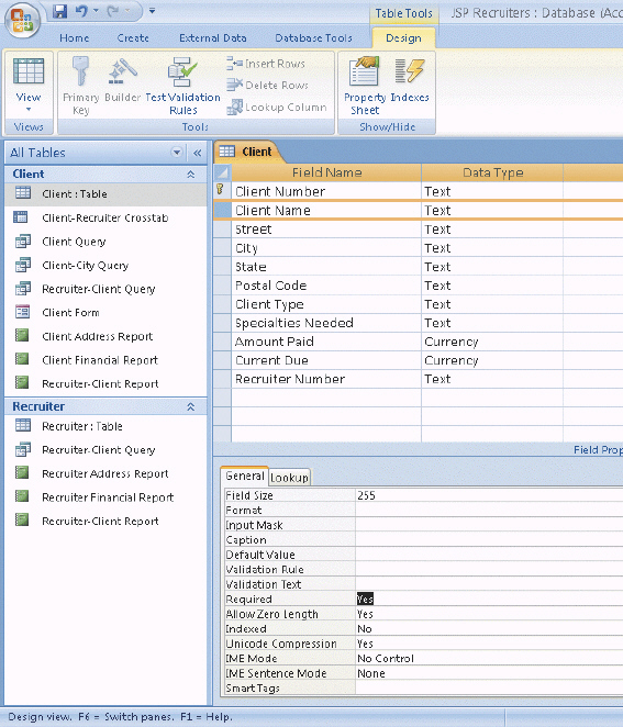 Critical Thinking Questions Case 1 JSP Recruiters has decided to add some additional validation rules to the Client table shown in Design view in the accompanying figure. They have asked you to create these validation rules.   Figure 3-4 Because most of the clients that JSP services are located in Colorado, management would like to minimize any data entry in this field. What property do you need to change and what would you enter in the property box?