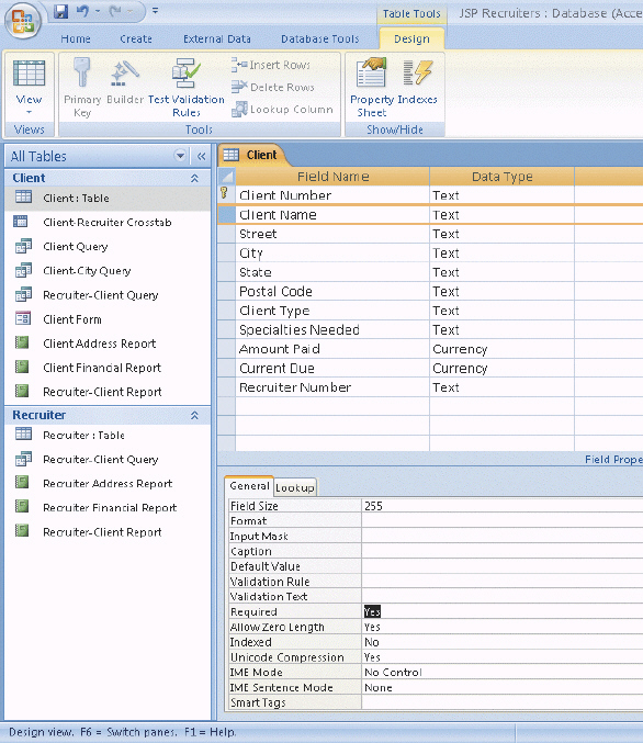 Critical Thinking Questions Case 2 JSP Recruiters has just realized that they need to make some additional changes to the Client table shown in Design view in the accompanying figure. They have asked you to make these changes.   Figure 3-4. JSP would like to add a telephone number field to the Client table. The field should appear after the postal code field. What do you need to do to add the field?