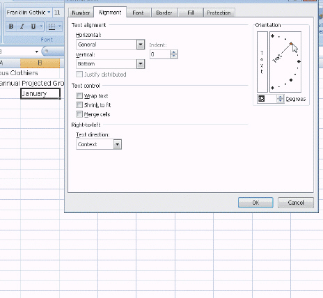   Figure 3-1 In the accompanying figure, drag the Text hand in the Orientation area to the 45 point and to display 45 in the Degrees box.
