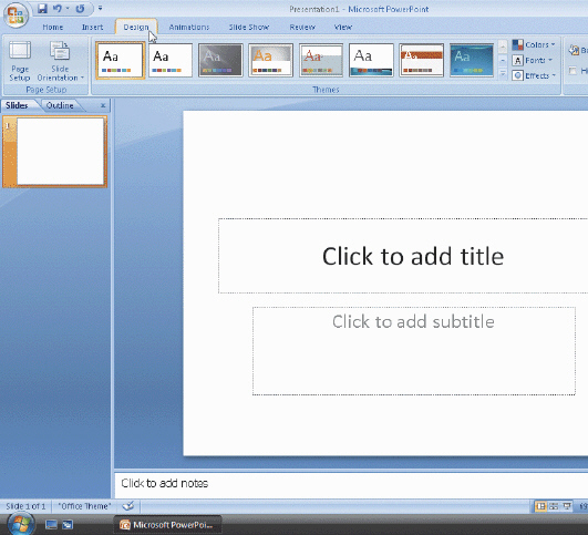   Figure 1-3 In the accompanying figure, what is the circular button in the top-left corner of the PowerPoint window called? A) Office Button B) PowerPoint button C) Help button D) File button