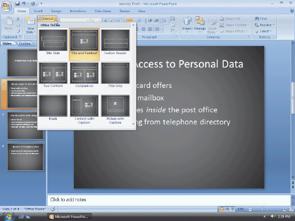   Figure 2-3 In the accompanying figure, how many placeholders are contained in the Two Content layout? A) 2 B) 3 C) 4 D) none