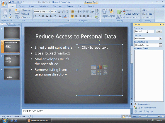   Figure 2-4 In the accompanying figure, what is the section on the right of the window called? A) Clip Art task pane B) Clip Art placeholder C) Clip Art window D) Clip Art dialog box